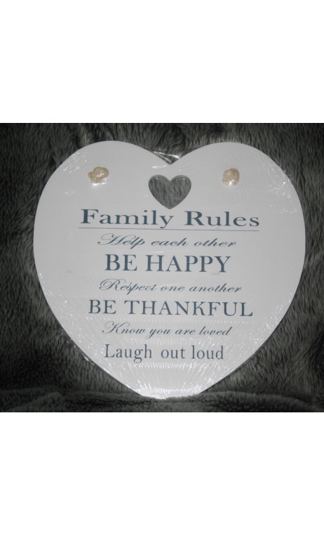 Tekstbord wit hart: "Family Rules" 30 x 40 cm